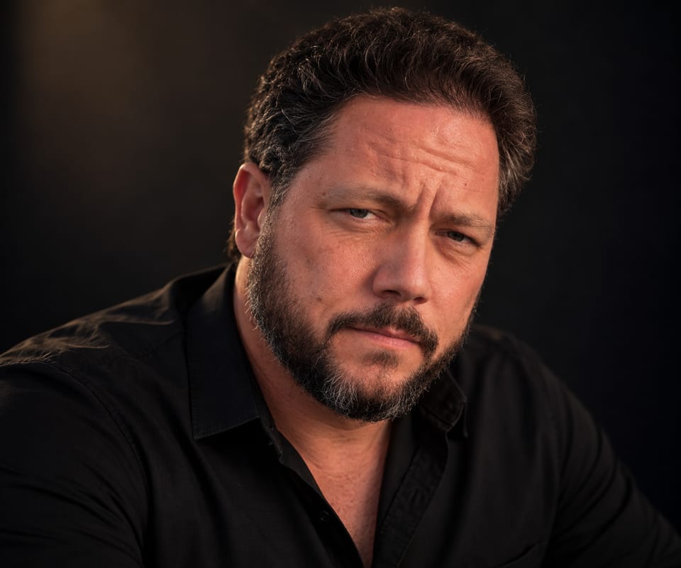 William White in a black shirt, warmly lit against a dark background.